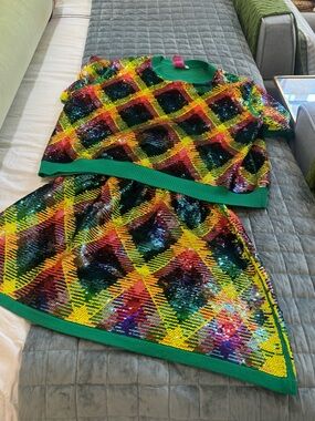 QUEEN OF SPARKLES Multicolor Sequin Mini Dress with Green Trim